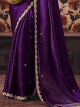 Nayoora Deep Purple Satin Silk Designer Saree With Mustard Embroidered Blouse