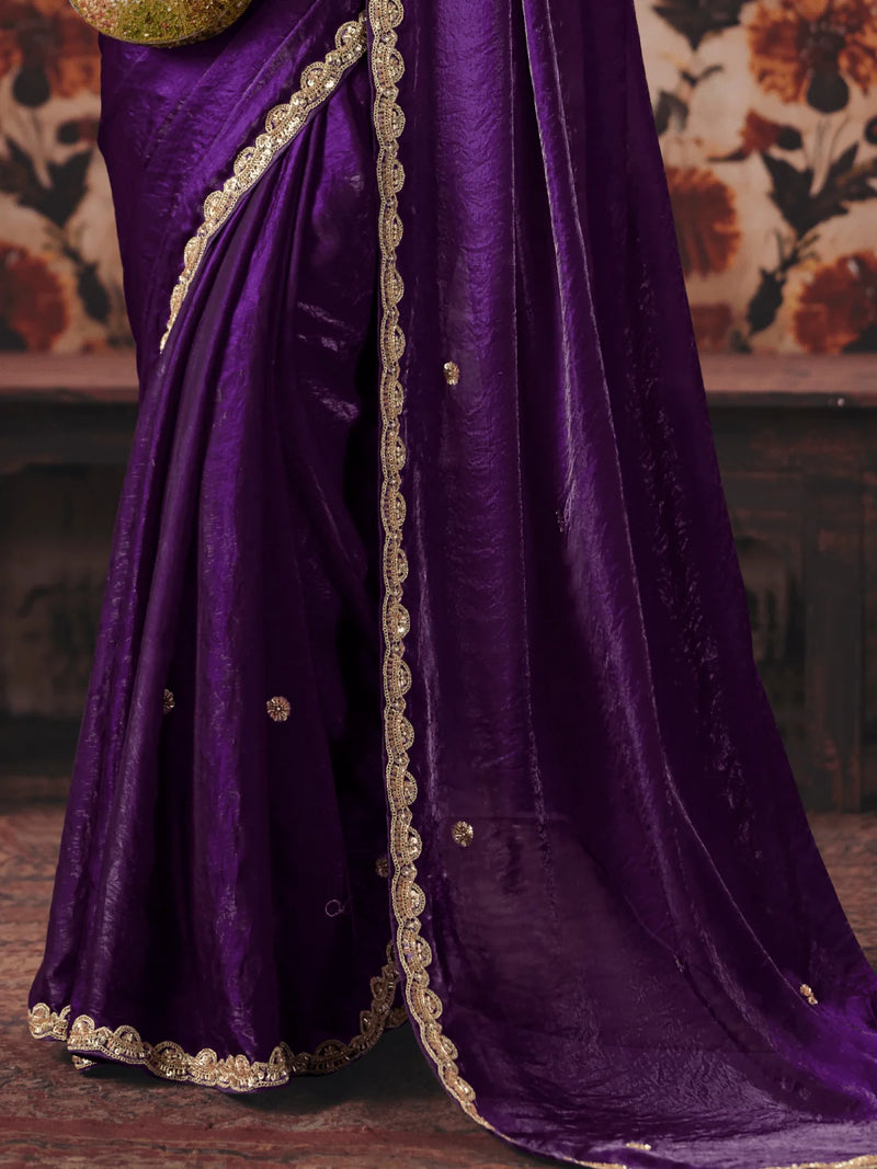 Nayoora Deep Purple Satin Silk Designer Saree With Mustard Embroidered Blouse