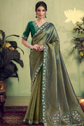 Nayoora Luxe Dusty Olive Glass Tissue Floral Border Saree - Nayoora
