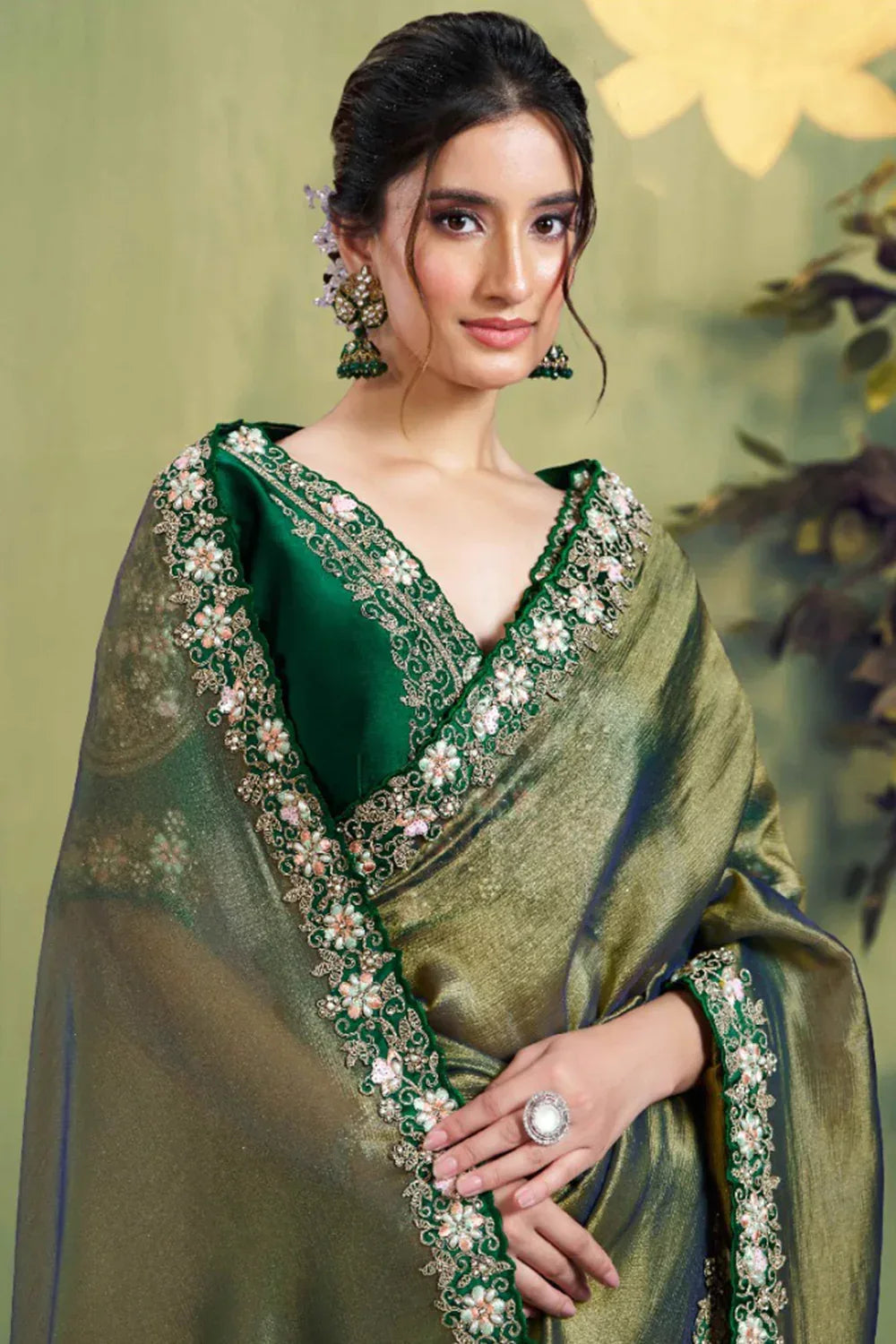 Nayoora Luxe Dusty Olive Glass Tissue Floral Border Saree - Nayoora