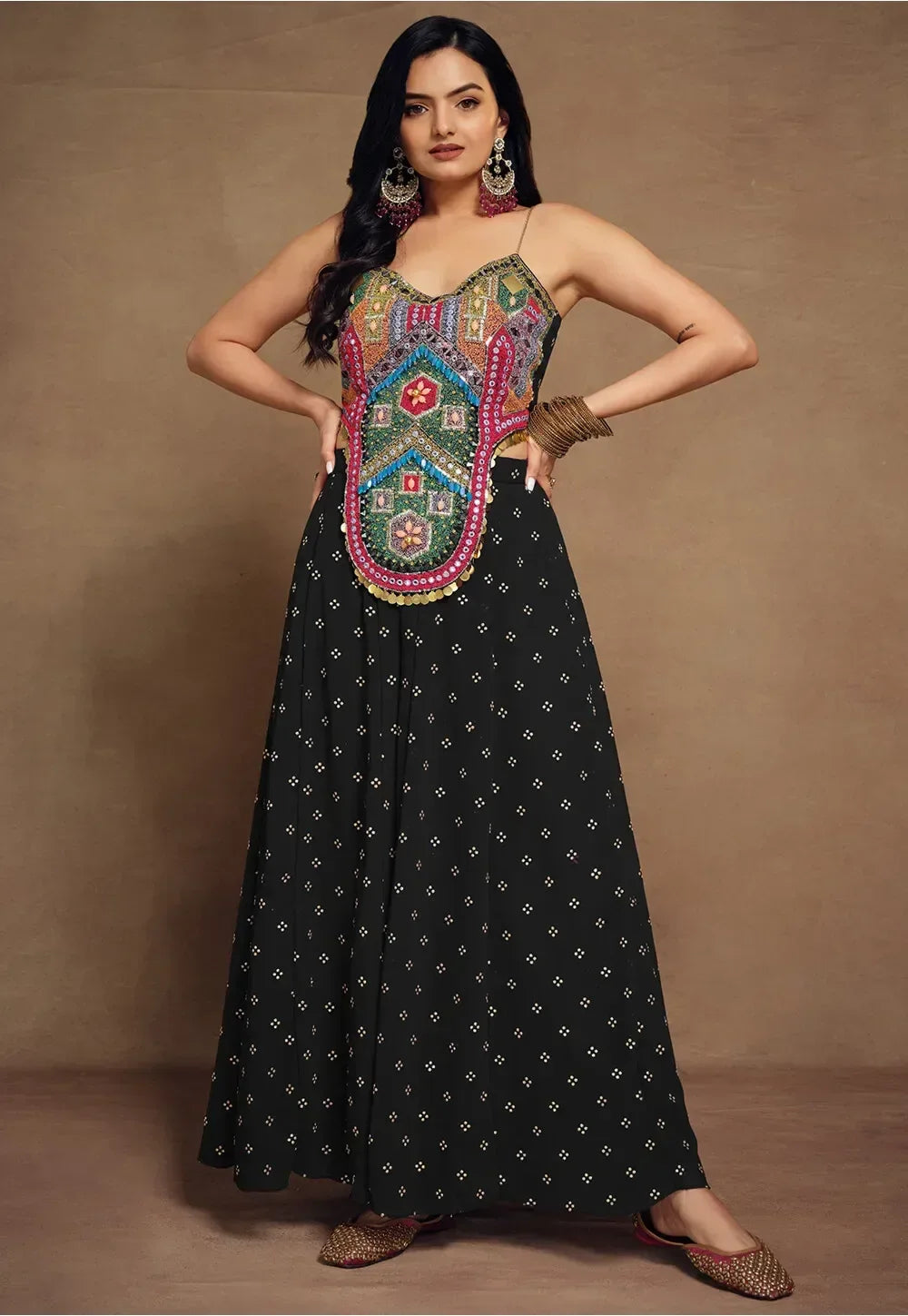 Nayoora Luxe Midnight Black Bohemian Beaded Bustier & Ruffle Palazzo Co-Ord Set - Nayoora