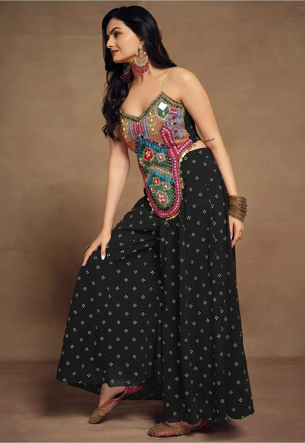 Nayoora Luxe Midnight Black Bohemian Beaded Bustier & Ruffle Palazzo Co-Ord Set - Nayoora