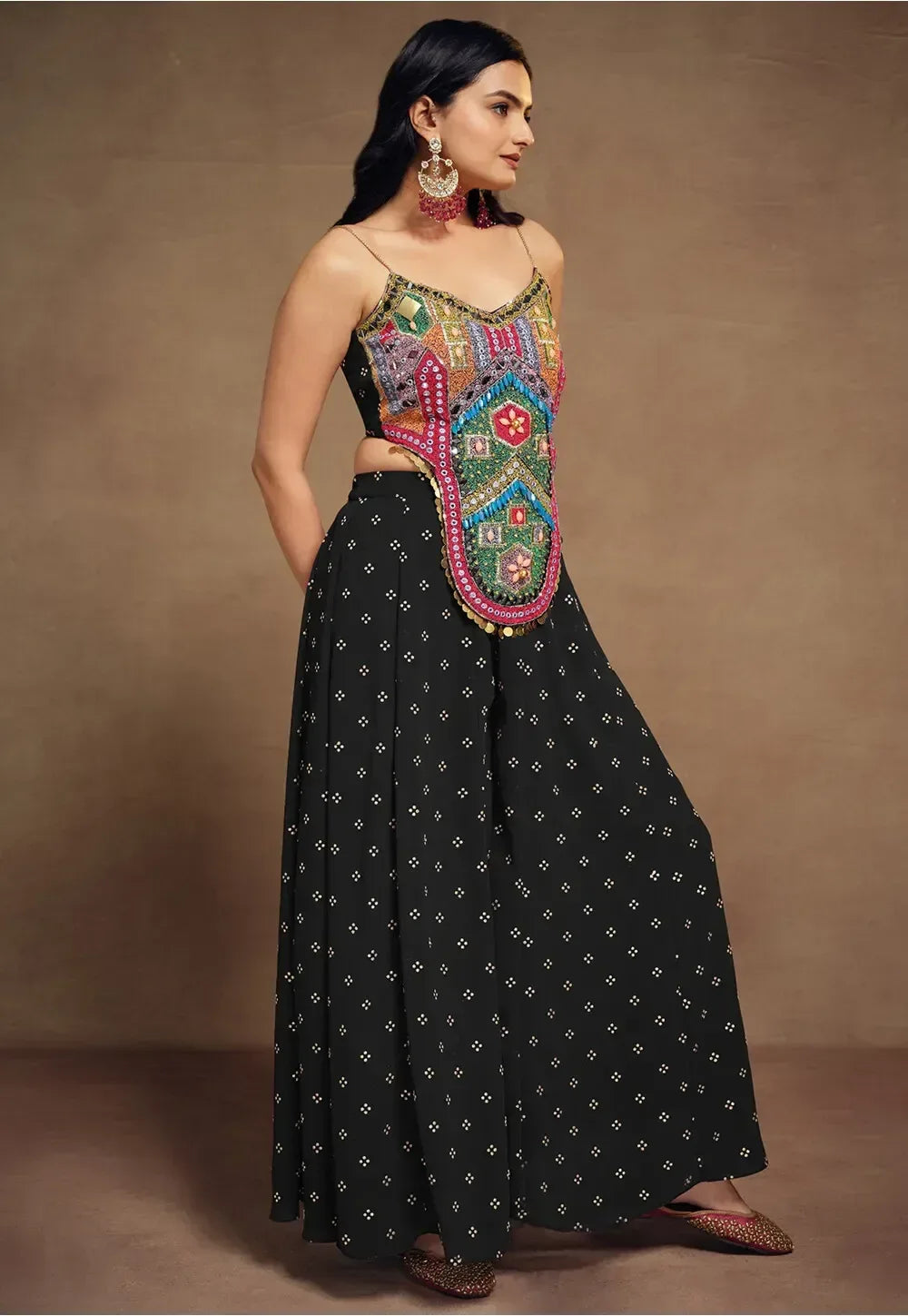 Nayoora Luxe Midnight Black Bohemian Beaded Bustier & Ruffle Palazzo Co-Ord Set - Nayoora