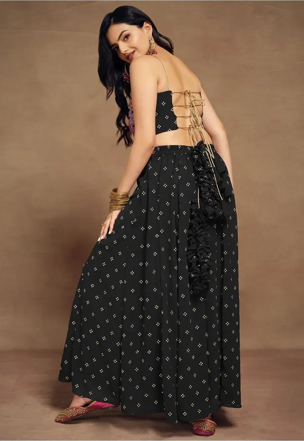 Nayoora Luxe Midnight Black Bohemian Beaded Bustier & Ruffle Palazzo Co-Ord Set - Nayoora