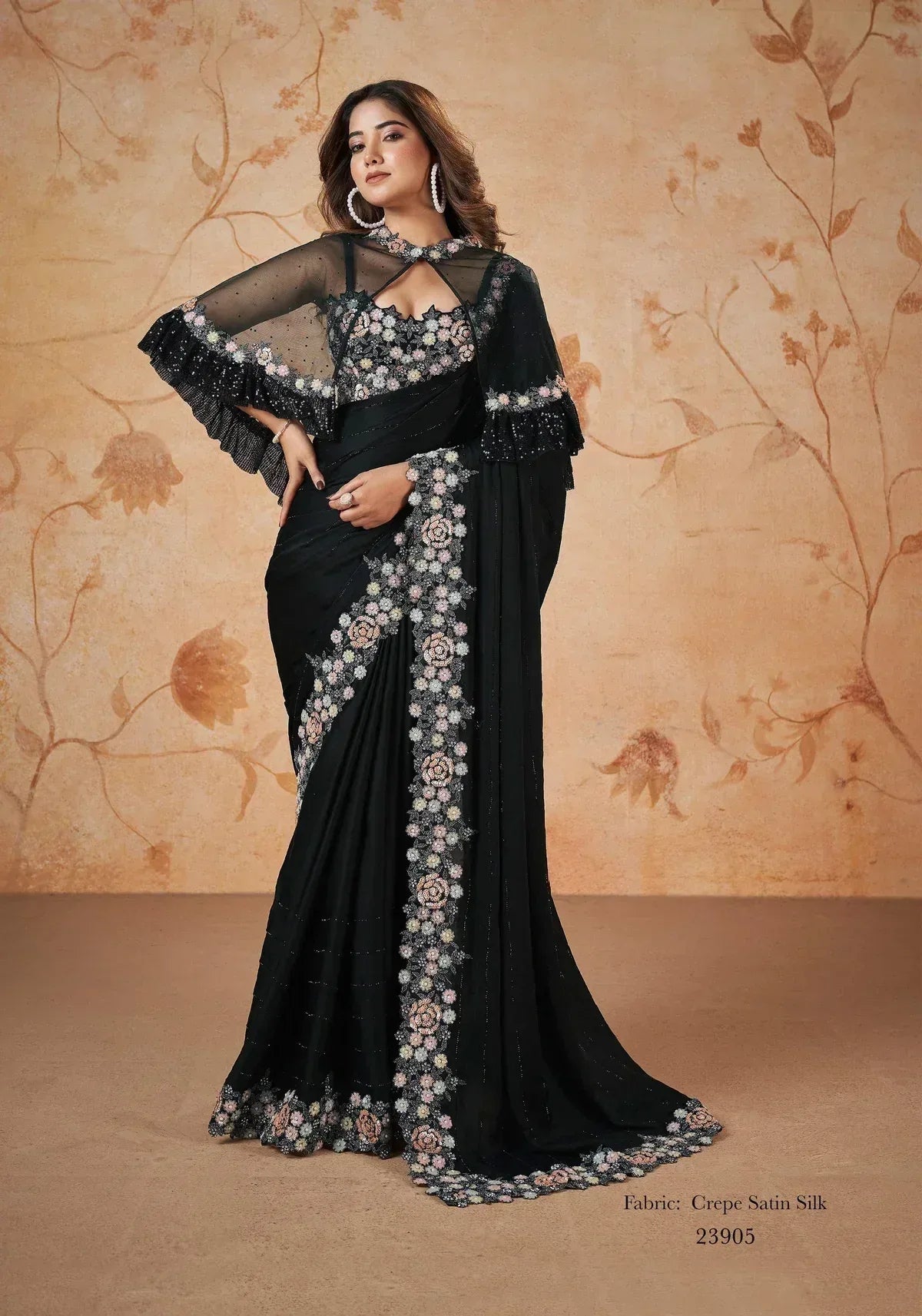 Nayoora Black Crepe Satin Floral Embellished Saree - Nayoora