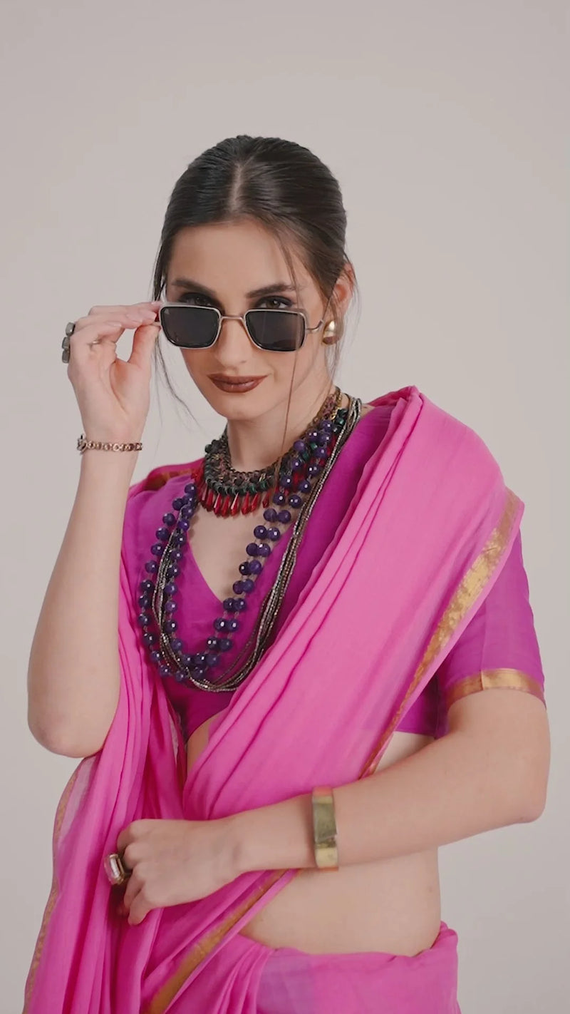 Nayoora Hot Pink Viscose Mul Liva Saree with Gold Border & Tassel Pallu