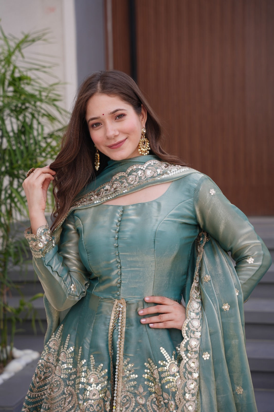 Nayoora Firozi Mirror-Embroidered Satin Sharara Suit