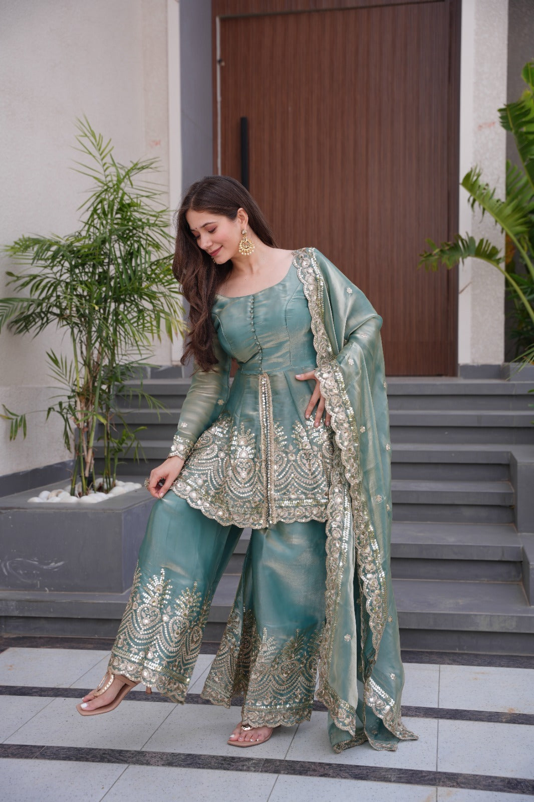 Nayoora Firozi Mirror-Embroidered Satin Sharara Suit