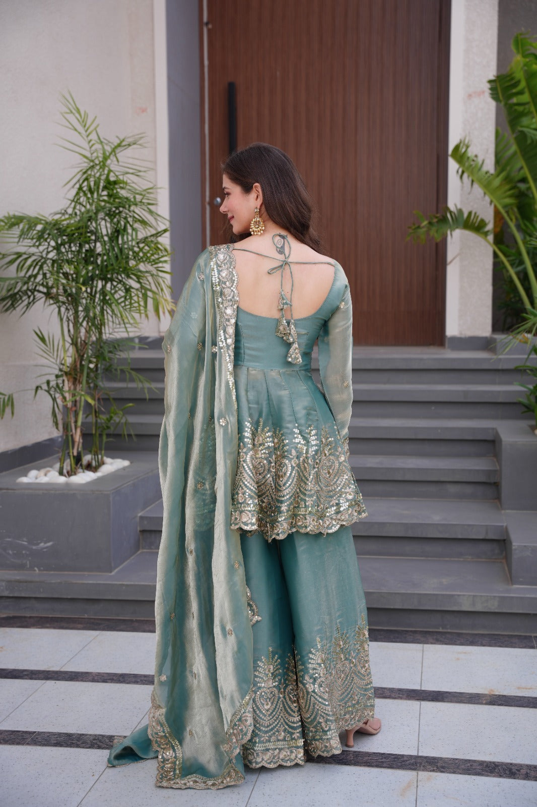 Nayoora Firozi Mirror-Embroidered Satin Sharara Suit