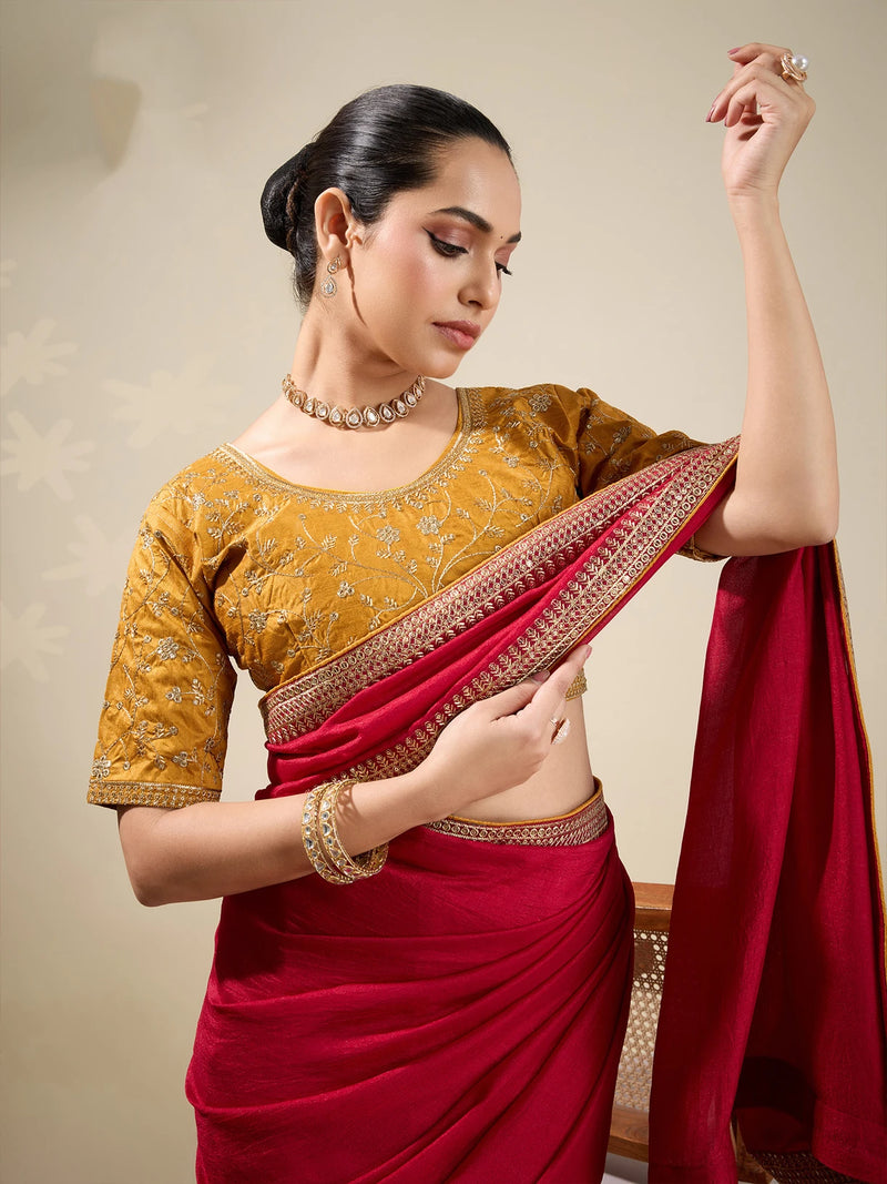 Nayoora Magenta Red Vichitra Saree with Mustard Yellow Embroidered Art Silk Blouse