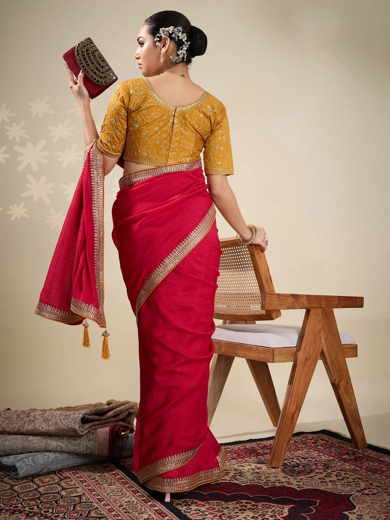 Nayoora Magenta Red Vichitra Saree with Mustard Yellow Embroidered Art Silk Blouse