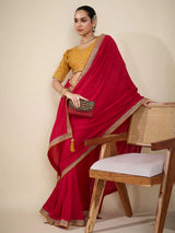 Nayoora Magenta Red Vichitra Saree with Mustard Yellow Embroidered Art Silk Blouse