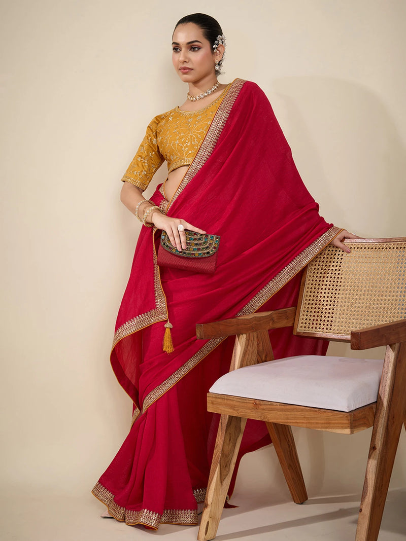 Nayoora Magenta Red Vichitra Saree with Mustard Yellow Embroidered Art Silk Blouse