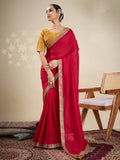 Nayoora Magenta Red Vichitra Saree with Mustard Yellow Embroidered Art Silk Blouse
