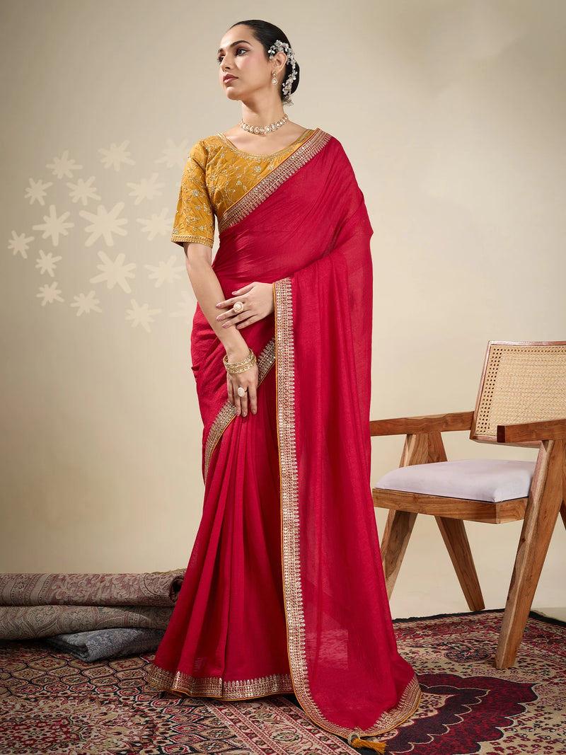 Nayoora Magenta Red Vichitra Saree with Mustard Yellow Embroidered Art Silk Blouse