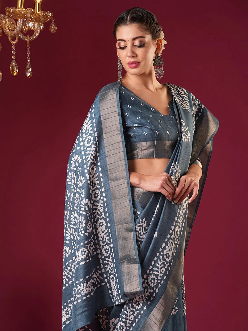 Nayoora Teal Blue Zari Printed Silk Blend Saree