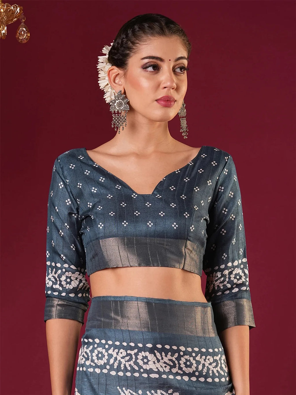 Nayoora Teal Blue Zari Printed Silk Blend Saree