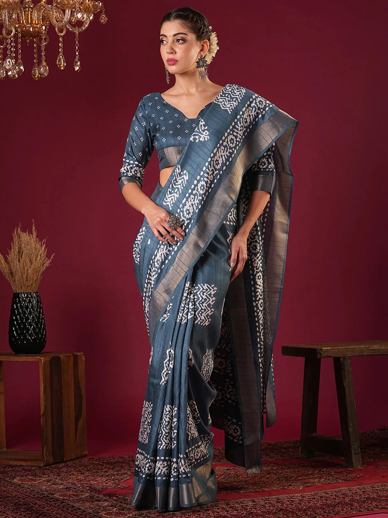 Nayoora Teal Blue Zari Printed Silk Blend Saree