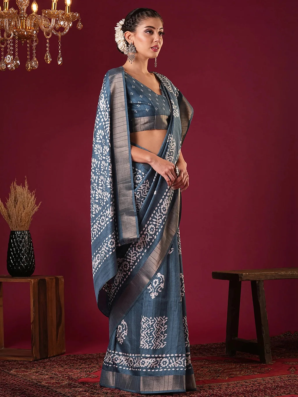 Nayoora Teal Blue Zari Printed Silk Blend Saree