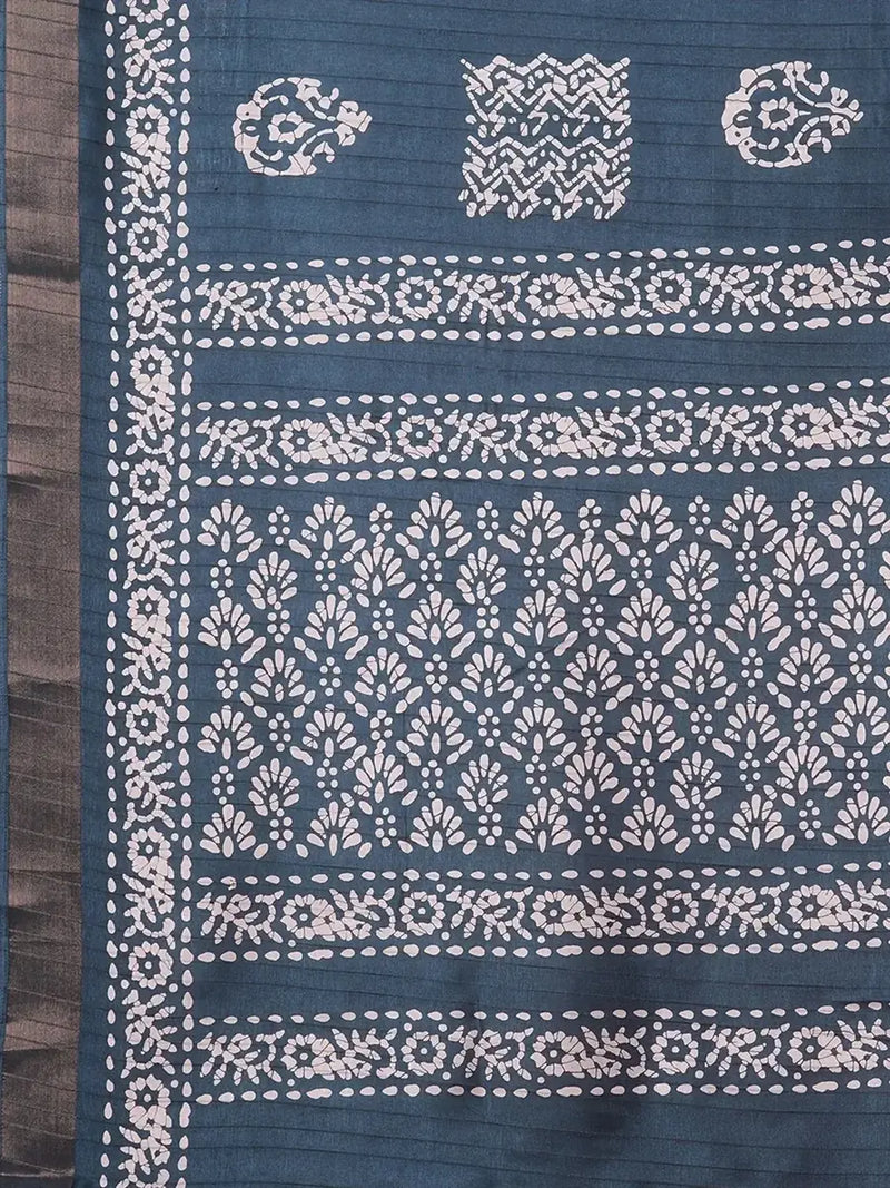 Nayoora Teal Blue Zari Printed Silk Blend Saree