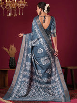 Nayoora Teal Blue Zari Printed Silk Blend Saree