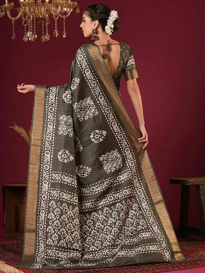 Nayoora Olive Green Zari Printed Silk Blend Saree