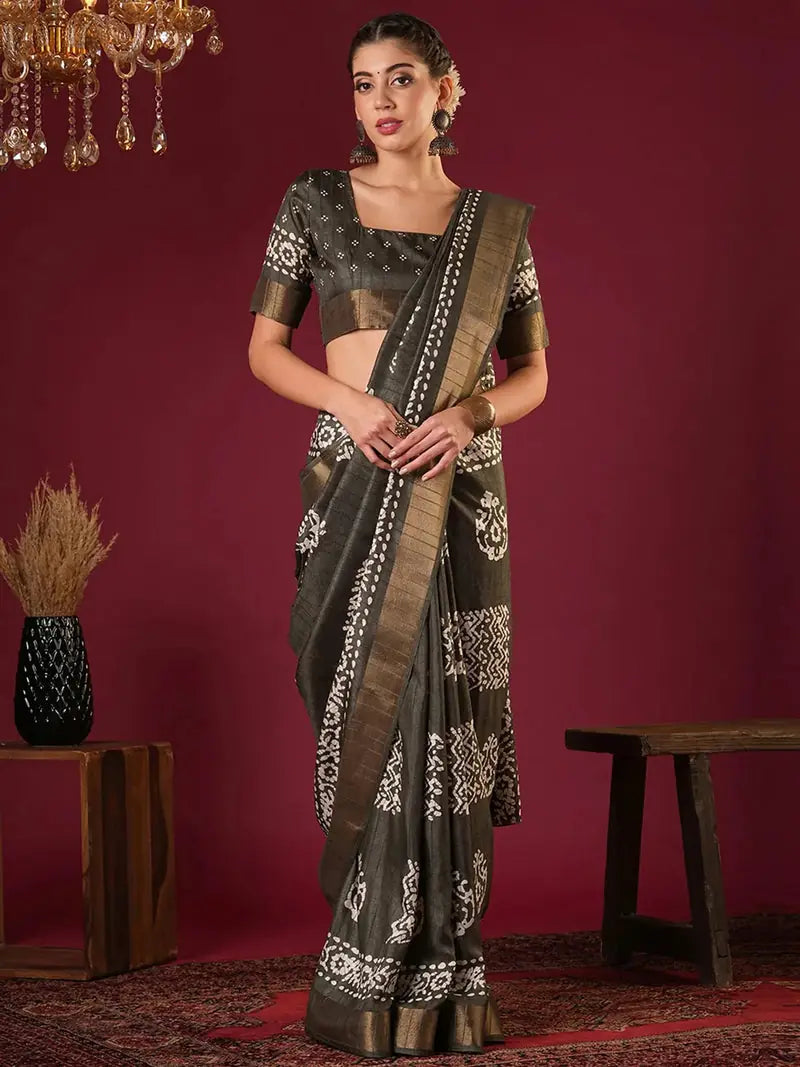 Nayoora Olive Green Zari Printed Silk Blend Saree