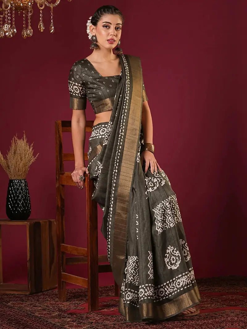 Nayoora Olive Green Zari Printed Silk Blend Saree