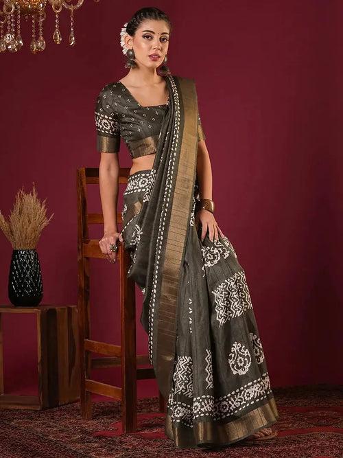 Nayoora Olive Green Zari Printed Silk Blend Saree