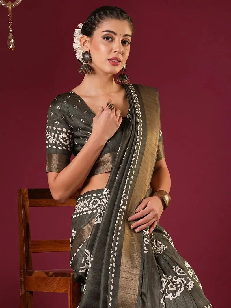 Nayoora Olive Green Zari Printed Silk Blend Saree