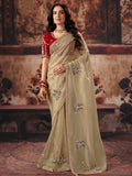 Nayoora Gold Beige Embroidered Designer Saree With Red Blouse