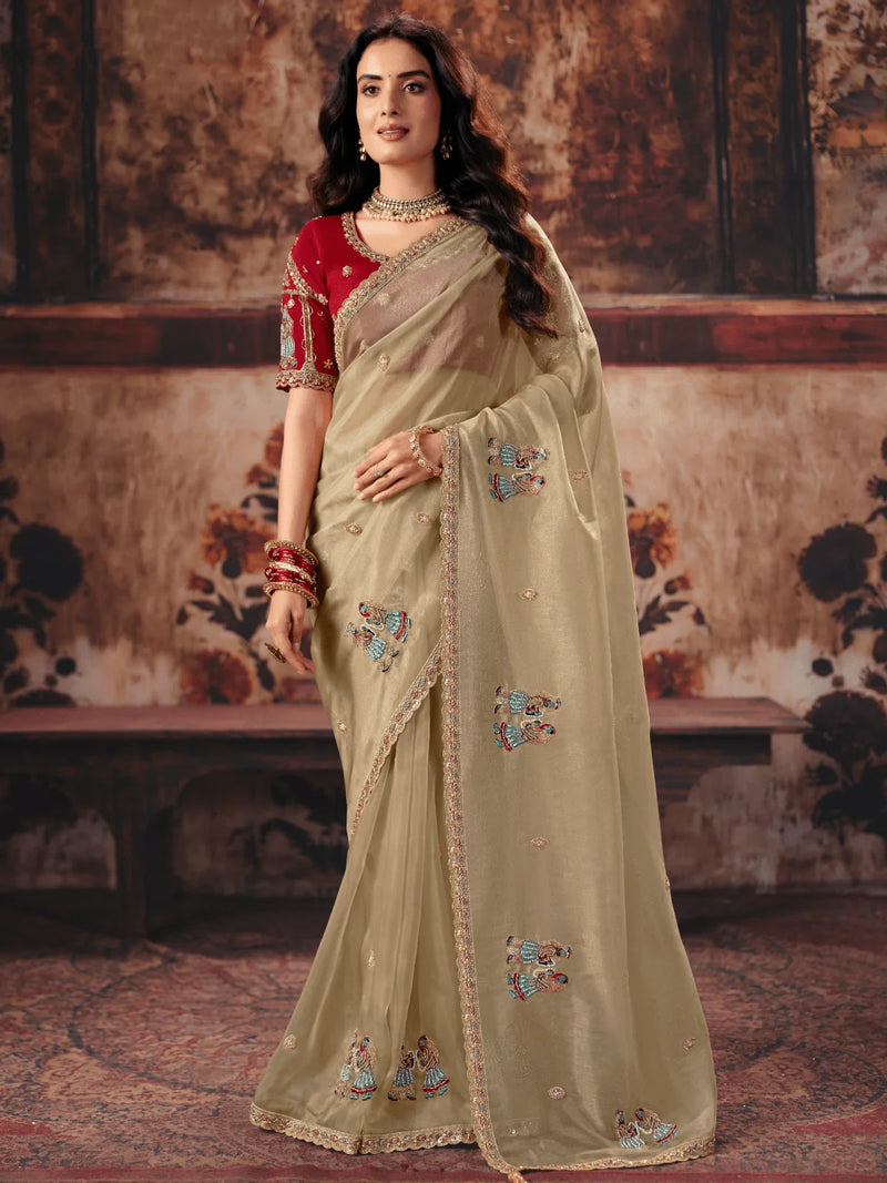 Nayoora Gold Beige Embroidered Designer Saree With Red Blouse