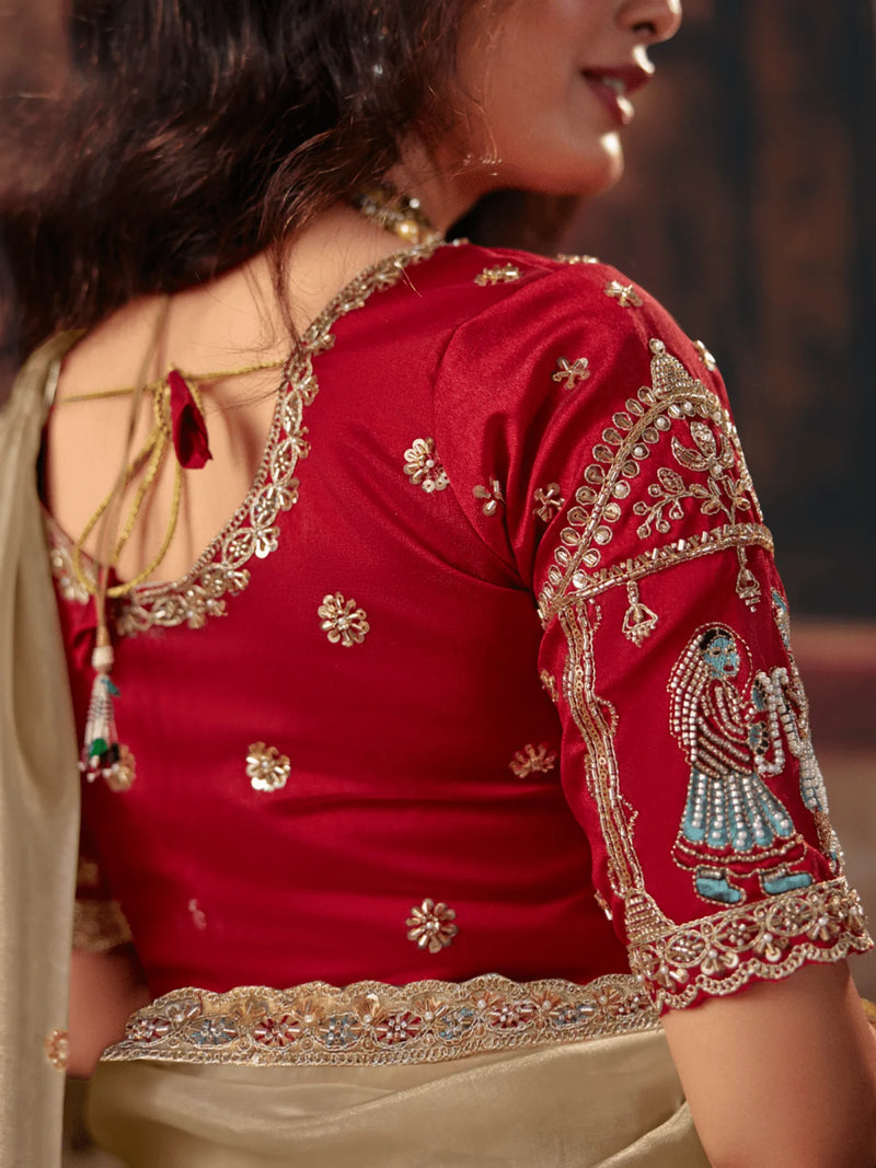 Nayoora Gold Beige Embroidered Designer Saree With Red Blouse