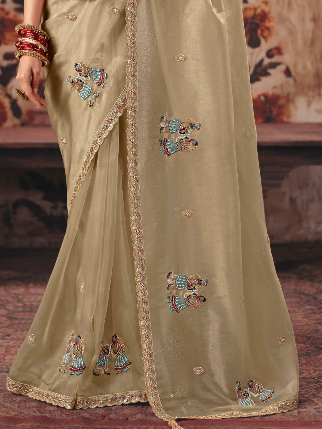 Nayoora Gold Beige Embroidered Designer Saree With Red Blouse