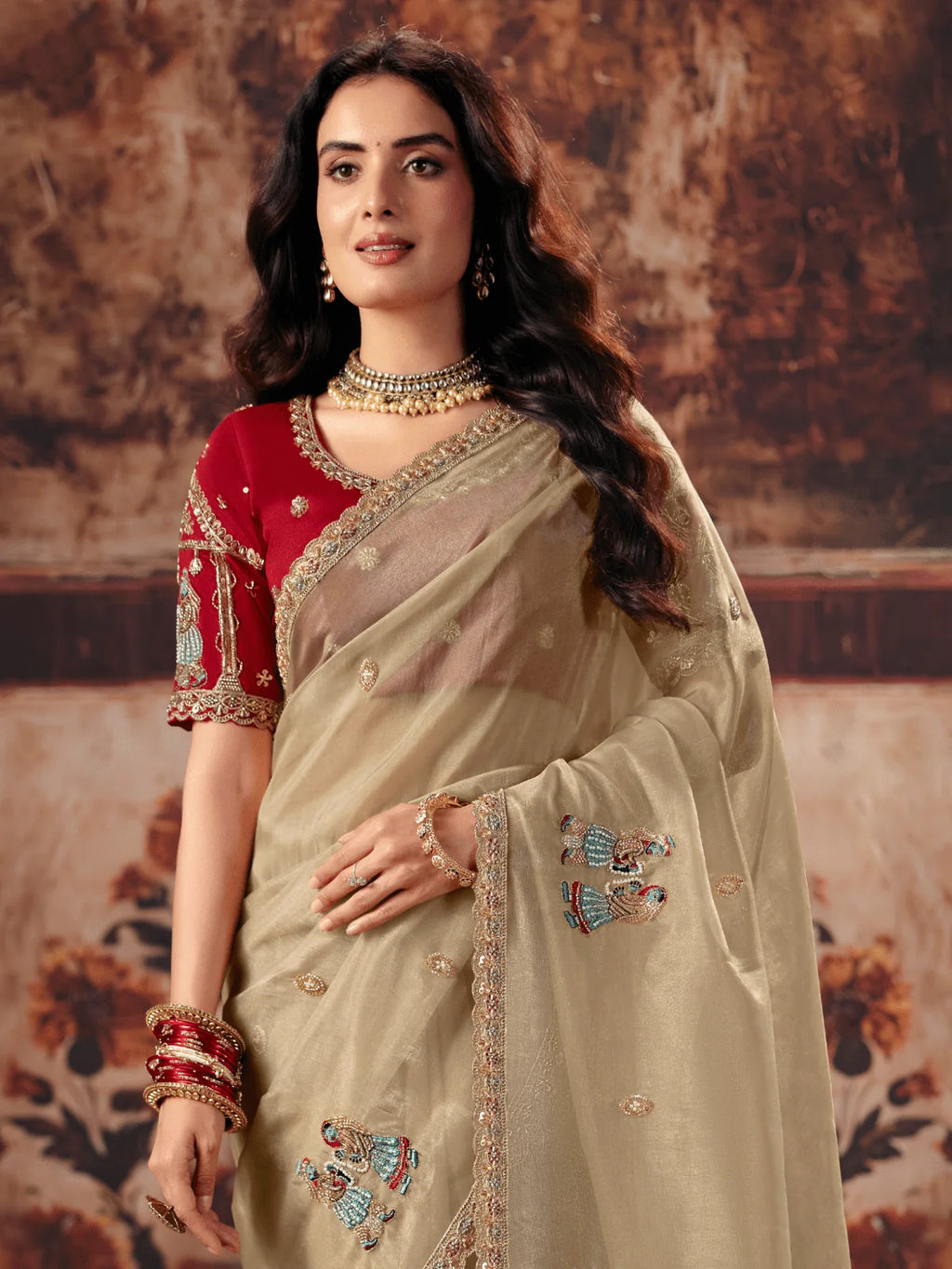 Nayoora Gold Beige Embroidered Designer Saree With Red Blouse