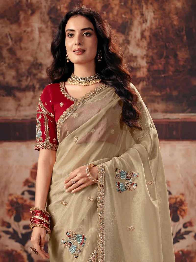 Nayoora Gold Beige Embroidered Designer Saree With Red Blouse