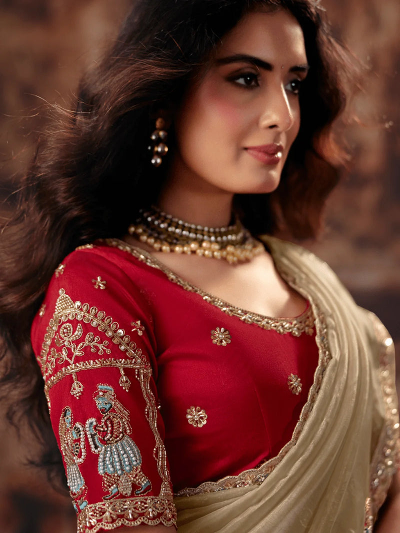 Nayoora Gold Beige Embroidered Designer Saree With Red Blouse