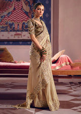 Golden beige zari tissue embroidered saree