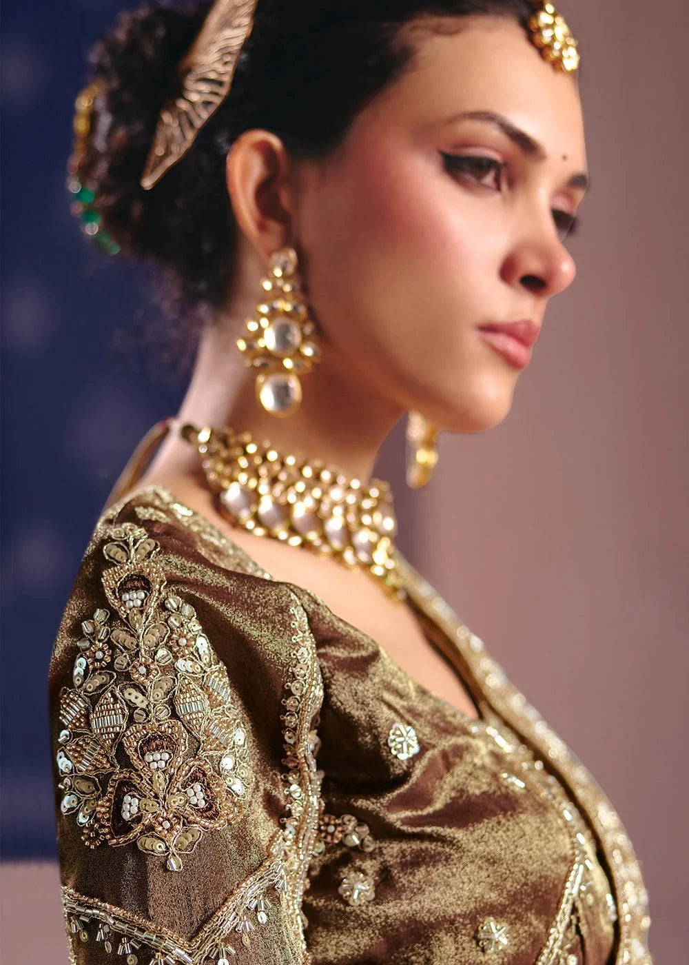Golden beige zari tissue embroidered saree