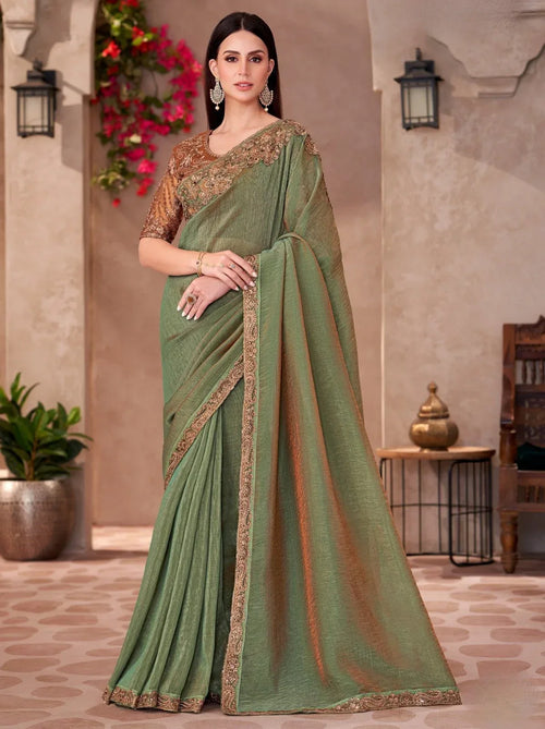 Nayoora Luxe Metallic Sage Green & Bronze Embroidered Georgette Saree - Nayoora