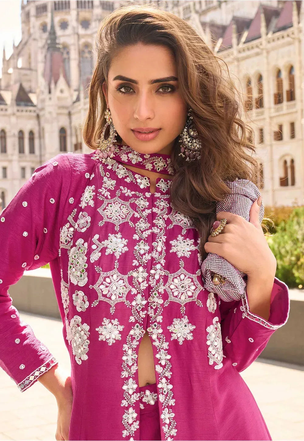 Nayoora Luxe Fuchsia Pink Heavy Embroidered Silk Front-Slit Pakistani Suit - Nayoora