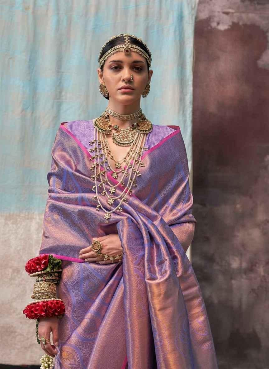 Woman wearing a two-tone handloom silk saree with intricate jewelry and floral bangles
