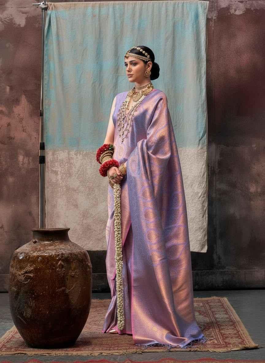 Woman in elegant lavender silk saree with gold jewelry and floral garland holding hands, standing indoors