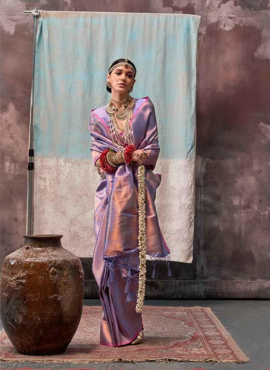 Woman wearing lavender handloom silk saree with contrast border and traditional jewelry, standing indoors