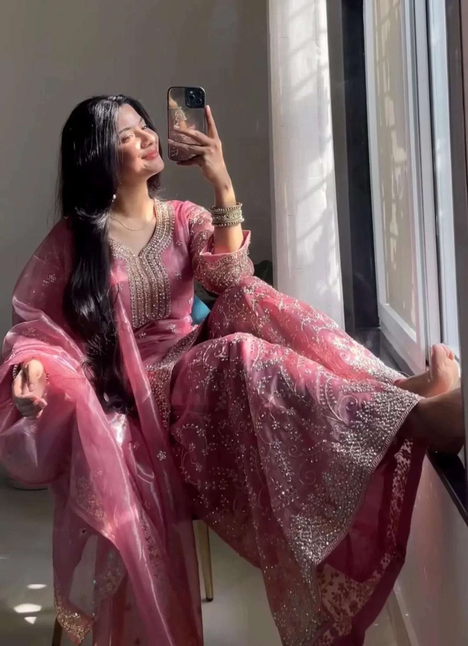 Pink embroidered palazzo suit with V-neck kurta and long sleeves, silver border