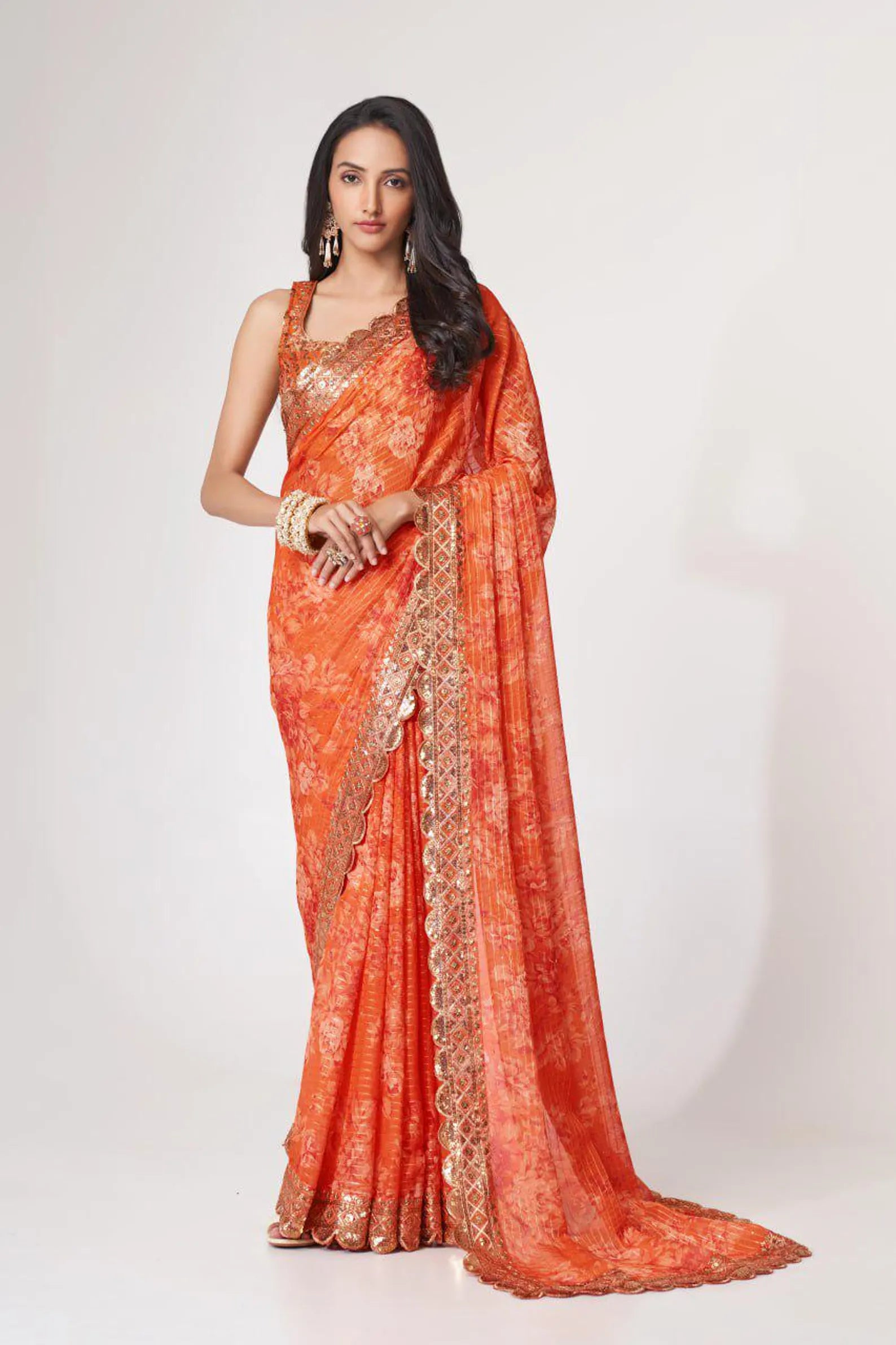 Nayoora Luxe Tangerine Orange Scalloped Sequin Organza Saree