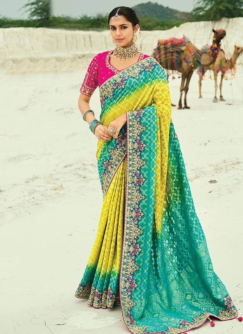 Nayoora Aqua Lime Ombre Georgette Embroidered Saree