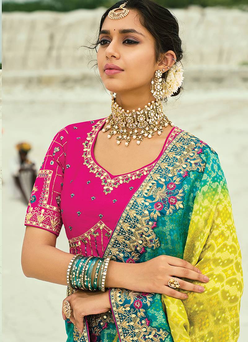Nayoora Aqua Lime Ombre Georgette Embroidered Saree