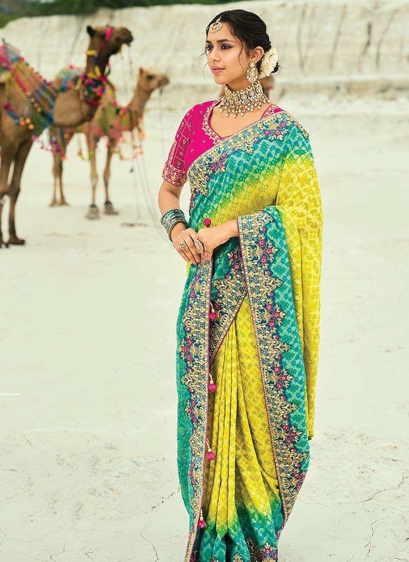 Nayoora Aqua Lime Ombre Georgette Embroidered Saree