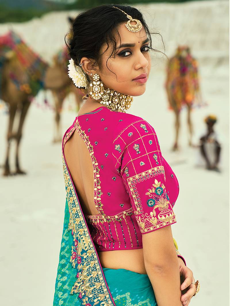 Nayoora Aqua Lime Ombre Georgette Embroidered Saree